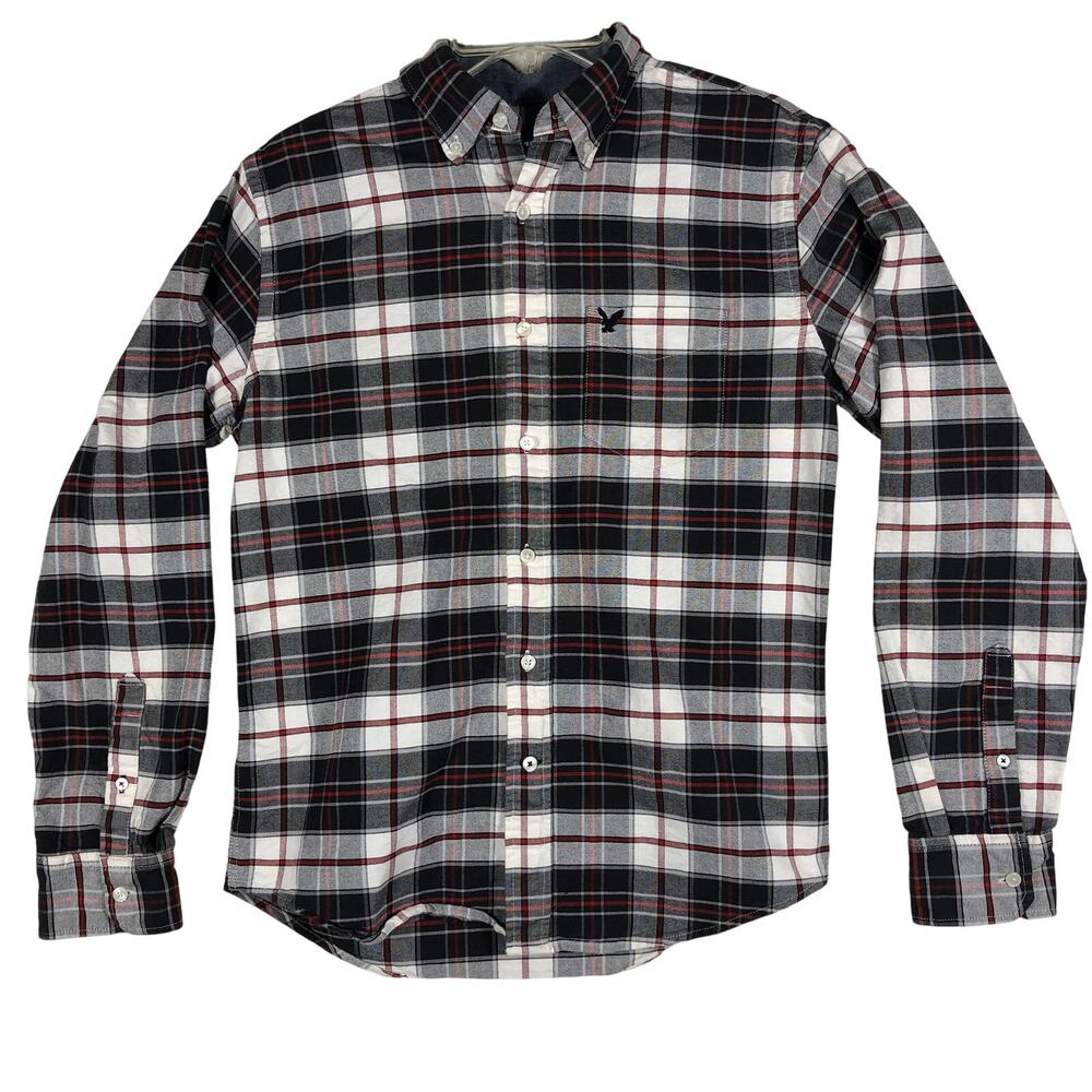 American Eagle Men's XS Classic Fit Shirt Black White Red Plaid Outdoors Casual